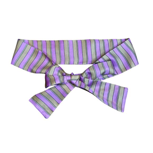 Symphony Scarfs Lilac Purple and Tan Vintage Striped 100% Silk Bow Tie - Picture 4 of 9